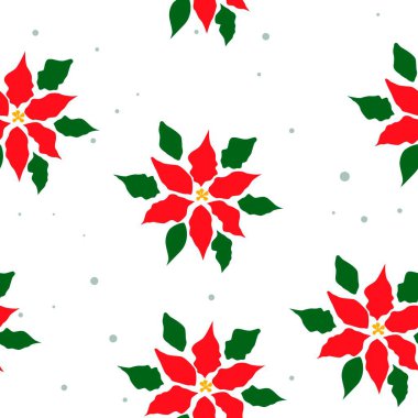 Kırmızı çiçekli vektörsüz desen, beyaz arkaplanda yapraklar