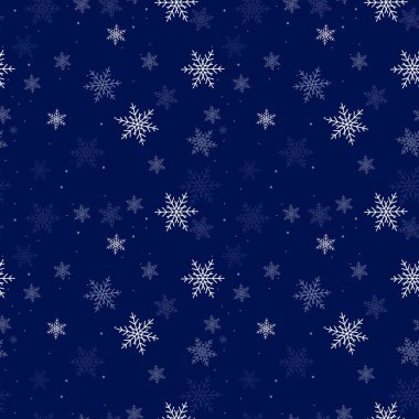 Koyu arkaplanda beyaz kar taneleri olan kusursuz bir Noel deseni.