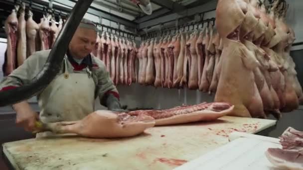 Man Cuts Meat Meat Line Meat Conveyor — Stock Video