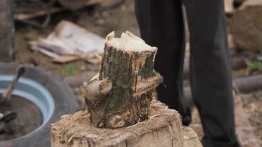 Keskin bir baltayla odun kesen bir adam..