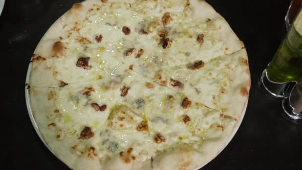 Creamy Pizza Walnuts Various Types Cheese — Stock Video