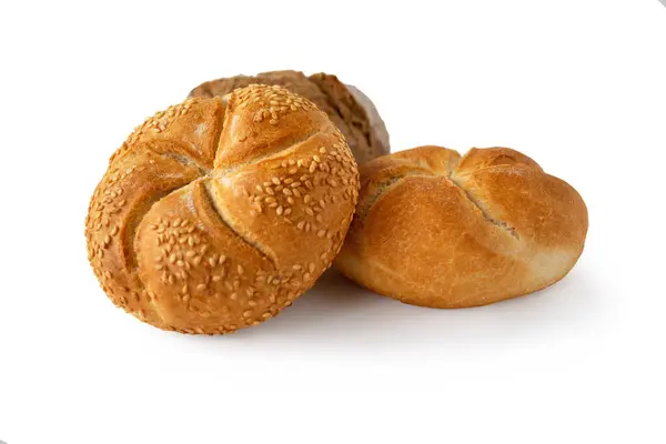 Variety Kaiser Rolls Baguette Isolated White Background Freshly Baked Bread — Stock Photo, Image