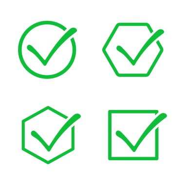 Yeşil basit kontrol işaretleri. Düz biçimli işaretli daire ve kare kutular