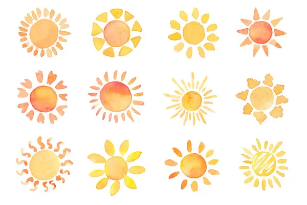 Watercolor sun symbol isolated on white background. Aquarelle traditional hand painted sun icons collection