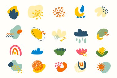 Soyut karalama şekilleri ayarlandı. Sosyal medya, afiş, kapak ve hikayeler için soyut modern şekiller ve fırçalar. 