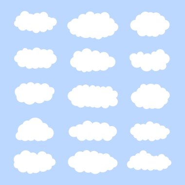 Mavi arka planda beyaz bulutlar belirdi. Hava tahmini sembolleri ayarlandı. Vektör illüstrasyonu