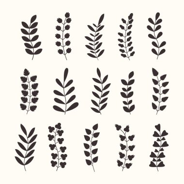 El yapımı yapraklar hazır. Beyaz arkaplanda yapraklar ve dallar var. Vektör illüstrasyonu