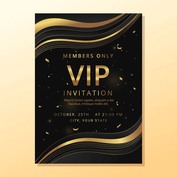 Invitación Lujo Vip Oro Plantilla Premium Negra Dorada Con Luces — Vector de stock