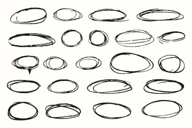 İşaretli daireleri ve oval yerleri vurgula. Doodle fırça çizimi oval çerçeve seti