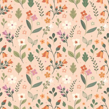 Klasik çiçeksiz desenli. Koyu yeşil arka planda sevimli kır çiçekleri deseni. Bahar çiçekleri deseni. Vektör illüstrasyonu