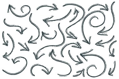 Beyaz arka planda grunge okları var. Oklar yerleştirildi. Dalgalı okları fırçala