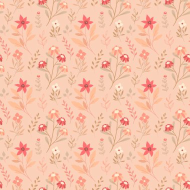 Şeftali rengi tüyler sevimli, çiçeksiz desenler. 2024 yılının rengi. Botanik, zarif, küçük çiçek deseni. Vektör illüstrasyonu