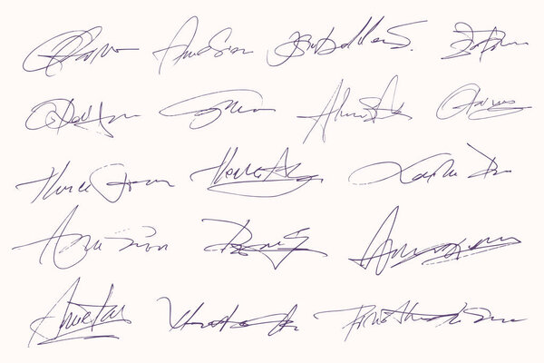 Signatures set. Fictitious handwritten signatures for signing documents on white background. Vector illustration
