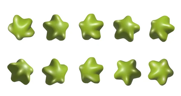 Yeşil Yıldız Seti Farklı Açılardan Belirlenmiş Gerçekçi Yeşil Yıldızlar Dönen — Stok fotoğraf