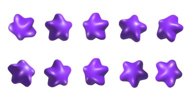 Üç boyutlu mor yıldızlar. Farklı açılardan çekilmiş gerçekçi 3D mor yıldızlar. Dönen 3D çizgi film stili yıldızlar kümesi