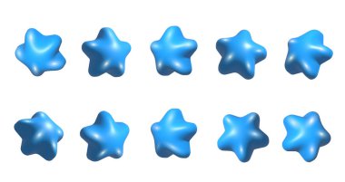 3D mavi yıldız seti. Farklı açılardan dizilmiş gerçekçi 3D mavi yıldızlar. Dönen 3D çizgi film stili yıldızlar kümesi