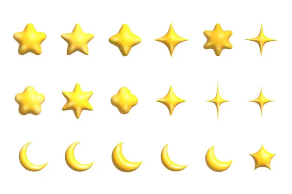 Gula Stjärnor Inställda Realistiska Gula Stjärnor Och Halvmåne Set Tecknad — Stockfoto
