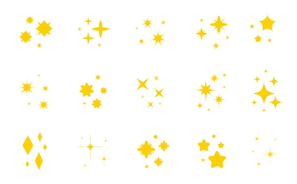 Sarı Parıldayan Yıldız Simgeleri Ayarlandı Yıldızlar Sihirli Işıklar Parlıyor Gökyüzü — Stok Vektör