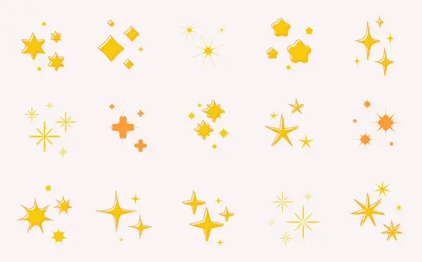 Amarillo Brillantes Estrellas Iconos Conjunto Mano Dibujar Estrellas Luces Mágicas — Archivo Imágenes Vectoriales