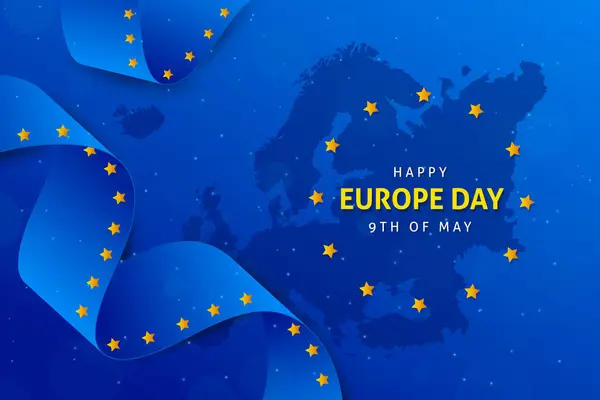 5月9日欧洲日 蓝色背景上的波纹彩旗 欧洲独立日的旗帜 欧洲联盟彩带旗 — 图库矢量图片