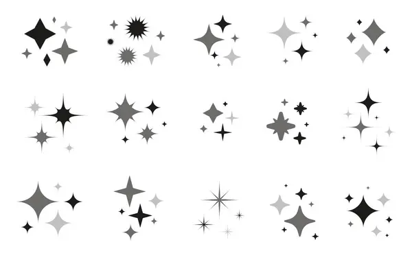 Sada Jiskřících Hvězdiček Hvězdy Magická Světla Třpytí Černou Siluetou Kosmická — Stockový vektor