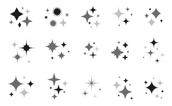 Sparkles star icons set. Stars and magic lights sparkles black silhouette set. Cosmic lights for sky backgrounds, or magic lights and glittering decorations