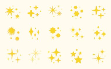 Sarı parıldayan yıldız simgeleri ayarlandı. El çizimi yıldızları ve sihirli ışıklar ayarlandı. Gökyüzü arkaplanı için kozmik ışıklar, ya da sihirli ışıklar ve parıltılı dekorasyonlar