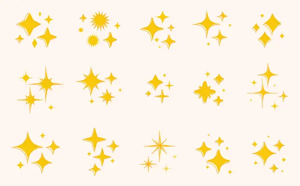 黄色い輝く星のアイコンがセットされています ハンドドロースターと魔法のライトスパークルセット 空の背景 または魔法のライトおよび輝く装飾のための宇宙ライト — ストックベクタ