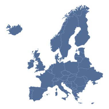Ülke sınırları olan Avrupa haritası. Ayrıntılı mavi Avrupa haritası beyaz arkaplanda izole edildi