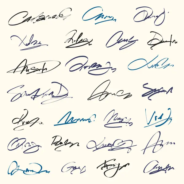 Signatures Set Fictitious Handwritten Signatures Signing Documents White Background Blue — Stock Vector