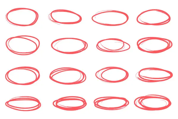 Markierungskreise Und Ovale Hervorheben Gekritzelte Rote Pinsel Skizze Ovale Rahmen — Stockvektor
