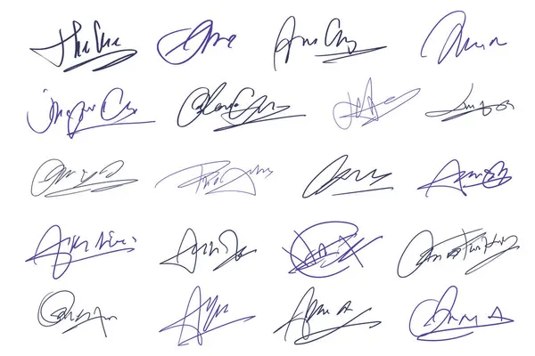 Signatures Set Fictitious Handwritten Signatures Signing Documents White Background Blue — Stock Vector