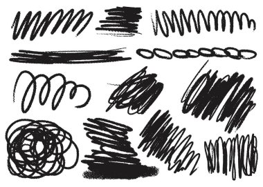 Kömür, kalem çizgileri, daireler ve felçler. Karalama kalem çizgileri ve grunge tebeşir çizimleri. El çizimi boya kalemi dokunuşları. Vektör illüstrasyonu