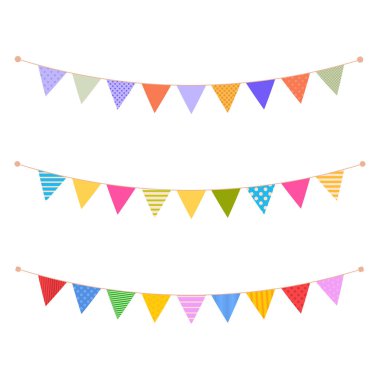 Parti bayrak çelenkleri hazır. Karnaval renkli kiraz çelenkleri. Doğum günü bayrakları asılıyor