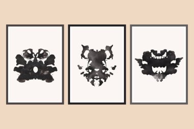 Siyah beyaz suluboya Rorschach mürekkep lekesi koleksiyonu. Simetrik Rorschach suluboya el psikoloji için mürekkep lekesi posterleri