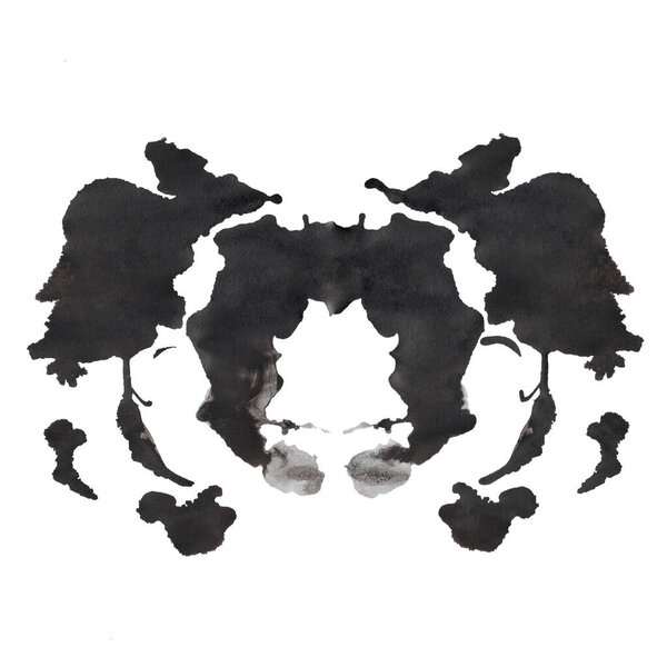 Черно-белый тест Роршаха с акварелью изолирован на белом фоне. Симметричная акварельная икона чернил, раскрашенная вручную для психологии