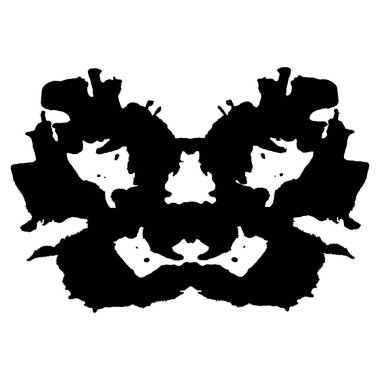 Rorschach mürekkep lekesi siyah silueti beyaz arkaplanda izole edilmiş. Simetrik el boyalı mürekkep lekesi