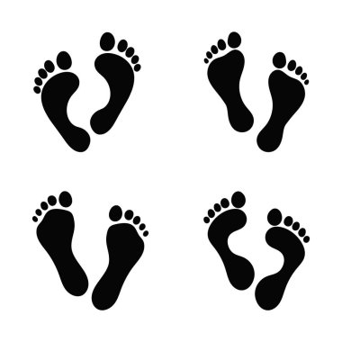 Beyaz arkaplanda izole edilmiş ayak izi siyah silueti. Vektör insan ayak izi ikonları koleksiyonu