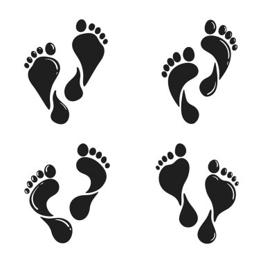 Beyaz arkaplanda izole edilmiş ayak izi siyah silueti. Modern insan ayak izleri koleksiyonu