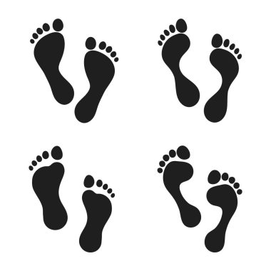 Beyaz arkaplanda izole edilmiş ayak izi siyah silueti. Vektör insan ayak izi ikonları koleksiyonu