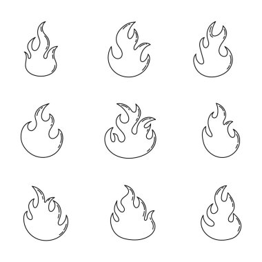 Ateş alev simgesi beyaz arkaplanda izole edildi. El çizimi alev sembolleri koleksiyonu