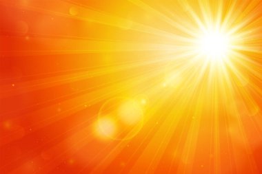 Soyut turuncu güneş arkaplanı. Yaz sıcağı uyarı geçmişi. Güneş doğuyor, gün batımı turuncu arka plan gerçekçi güneş mercekleriyle parlıyor