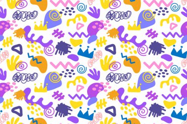 Renkli karalama ve organik şekiller kusursuz desen. Eğlenceli karalamalar çeşitli geometrik şekiller. Tekstil, baskı ve posterler için çocuksu karalama şekli tasarımı