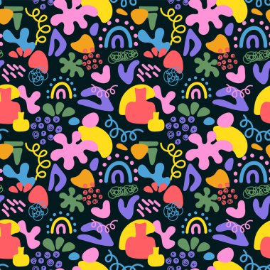 Renkli karalama ve organik şekiller kusursuz desen. Eğlenceli karalamalar çeşitli geometrik şekiller. Tekstil, baskı ve posterler için çocuksu karalama şekli tasarımı