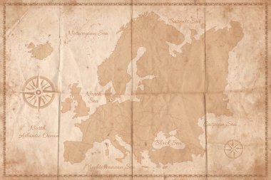 Katlanmış kağıt kaplamalı eski bir Avrupa haritası. Sunumlar, posterler, bilgi grafikleri, etkileşimli oyunlar için ülkeler özetlediği klasik Avrupa haritası. 