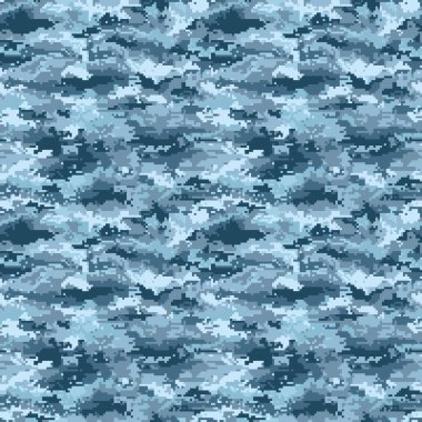 Askeri pikselli kamuflaj kusursuz desen. Mavi modern avlanma doğal kamuflaj deseni