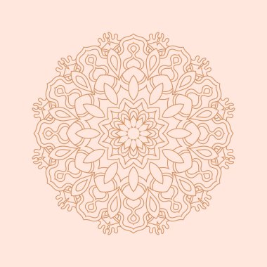 Yoga, boyama kitabı, tekstil ve çıkartmalar için el çizimi mandala tasarımı. Pembe arka planda altın sarısı rahatlatıcı mandala tasarımı