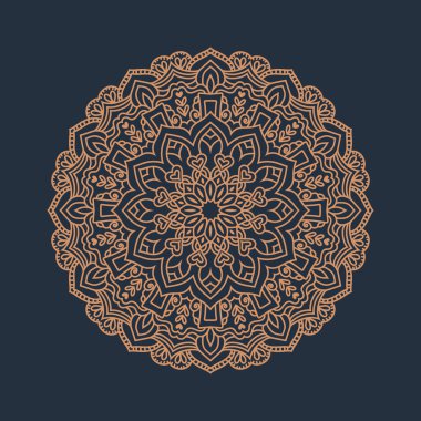 Yoga, boyama kitabı, tekstil ve çıkartmalar için el çizimi mandala tasarımı. Mavi arkaplanda altın sarısı rahatlatıcı mandala tasarımı