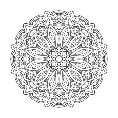 Yoga, boyama kitabı, tekstil ve çıkartmalar için rahatlatıcı el çizimi mandala tasarımı. Siyah ve beyaz rahatlatıcı mandala tasarımı