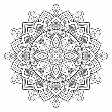 Yoga, boyama kitabı, tekstil ve çıkartmalar için zarif mandala tasarımı. Siyah ve beyaz rahatlatıcı mandala tasarımı